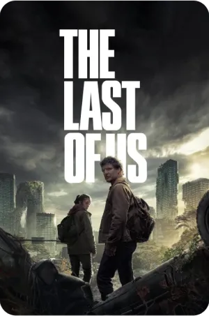 A desolate landscape depicting a post-apocalyptic scene from The Last of Us, featuring overgrown buildings and nature reclaiming space.